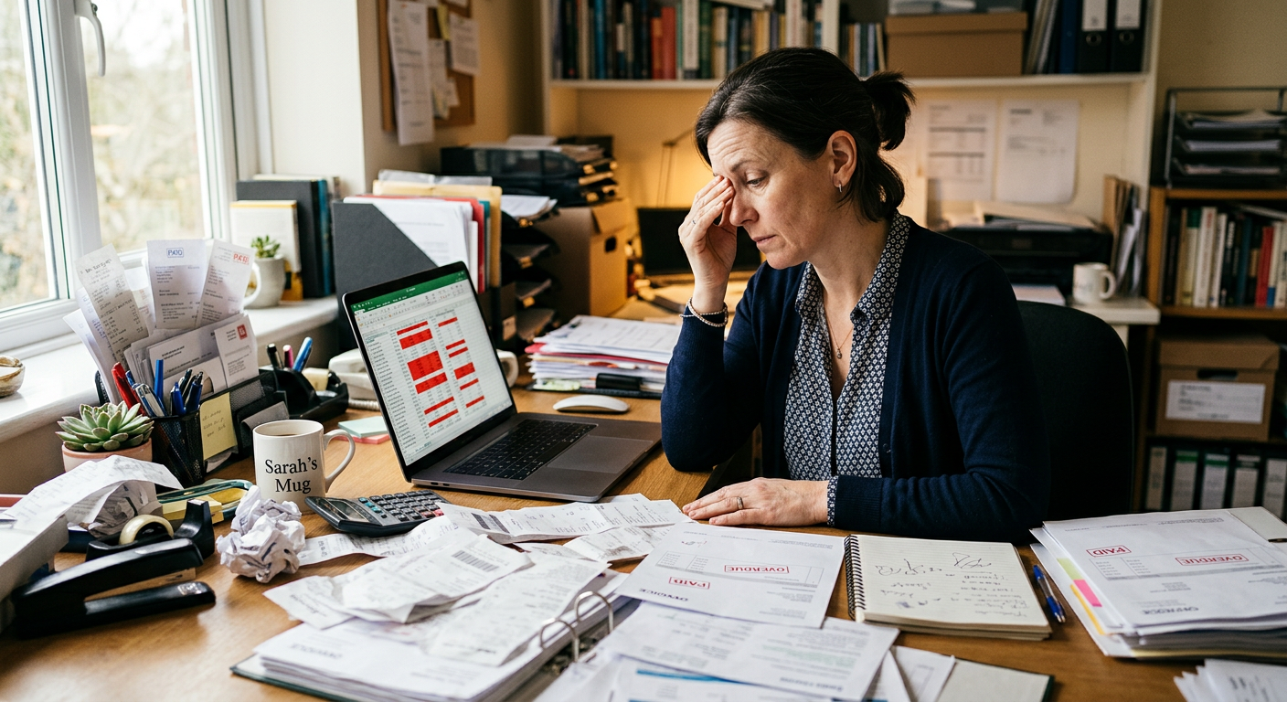 Small business owner dealing with bookkeeping backlog